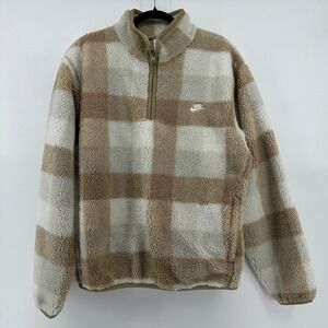 Nike Mens Sportswear Club Fleece+ Sherpa Plaid Quarter Zip Khaki FZ0896-247 M